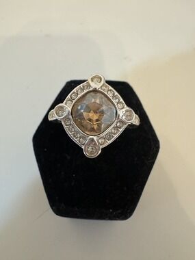 Silver Tone Smoky Crystal Statement Ring Size 8 Halo Cocktail